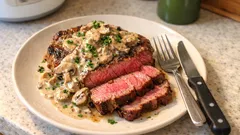 厚切りサーロインを香ばしく焼いて、きのこたっぷりの濃厚クリーミーソースでごちそう仕立て