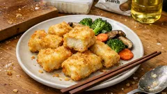 フライパンでOK、油3mmでカリもち。豆腐衣の天ぷら風おかず