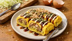 玉子焼き器で簡単：豚バラとキャベツのとんぺい焼き風「巻く玉子焼き」