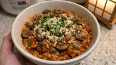 きのこたっぷりギリシャ風ユヴェツィ—オルゾをトマトソースでふっくら焼き込む