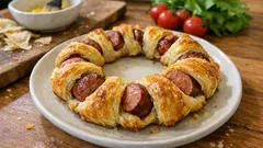 冷凍パイシートで簡単、切って巻くだけのクリスマスリースパイ（ウインナー）