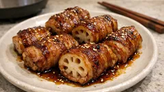 シャキッとれんこんに豚バラを巻いて照り焼きに。甘辛だれが絡む「れんこんの肉巻き」レシピ