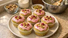 ローズウォーター香るピンクアイシングのピスタチオカップケーキ—おもてなしにも
