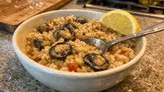 カサガイのゆで汁で炊く、ギリシャ風シーフードライス「パテロリゾ・ケファロニアス」